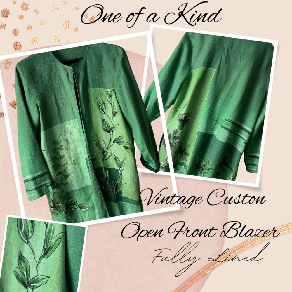 One of A Kind Vintage Artisan Linen Blazer- Shades of Green Block Pattern ,Lined